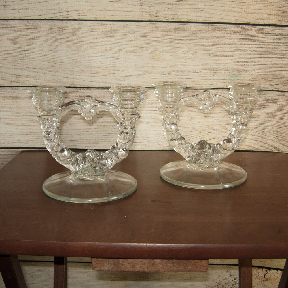 Pair 2 Vintage Indiana Glass Grape Garland Double Armed Candle Holders